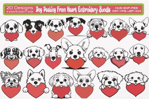Cute Dog Peeking from Heart Valentine Embroidery Bundle